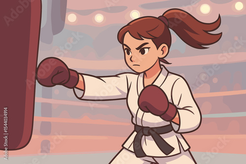 Determined female martial artist training in boxing arena, focused young woman in karate uniform and gloves punching heavy bag, pastel colors, blurred stadium background, vector cartoon illustration