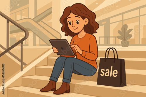 Modern female shopper using tablet on shopping mall stairs with sale bag, digital retail technology, online shopping, ecommerce lifestyle, cartoon vector illustration, consumer behavior concept