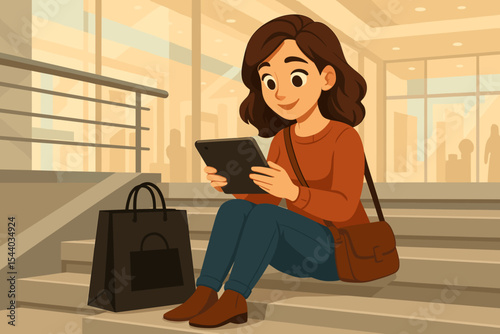 Young woman shopping online at mall sitting on stairs with tablet and black shopping bag. Modern consumerism, retail therapy, digital marketplace, urban lifestyle. Vector cartoon illustration