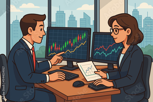 Business professionals analyzing stock market data, candlestick charts, and financial graphs on computer monitors in modern city office. Teamwork, finance, investment strategy, vector illustration