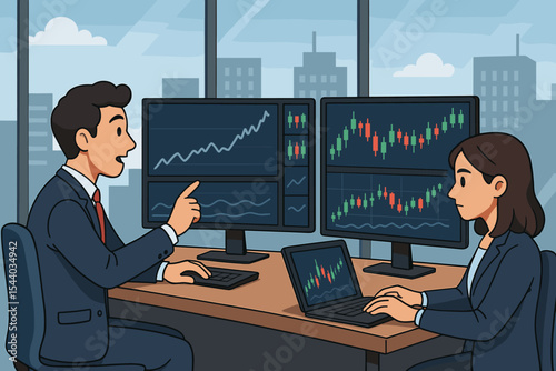 Business professionals analyzing stock market graphs, financial data, candlestick charts on monitors in modern city office. Corporate teamwork, investment strategy, finance meeting vector illustration