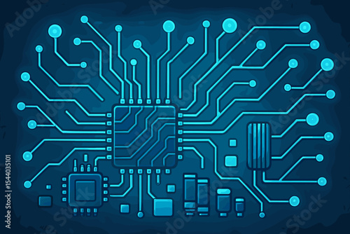 Futuristic glowing electronic circuit board, neon blue microchip processor, complex network connections, digital technology background, high-tech motherboard vector illustration, no text elements