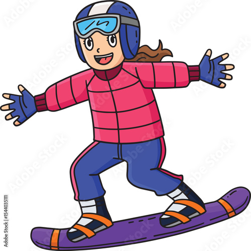 Snowboarding Girl Gliding Cartoon Colored Clipart 