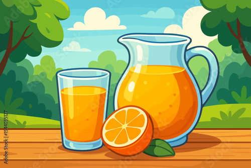 Refreshing orange juice in glass and pitcher, cartoon vector illustration. Summer picnic drink on wooden table outdoors with sliced citrus, green park background, healthy breakfast concept