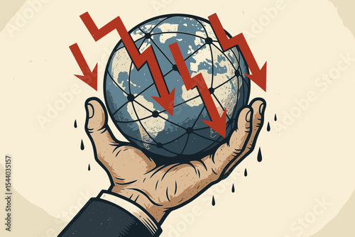 Global Economic Crisis Vector, Business Failure, Downward Trend Arrows, Distressed Hand Holding Melting Globe, Financial Collapse, Recession, Global Network, Market Crash Illustration