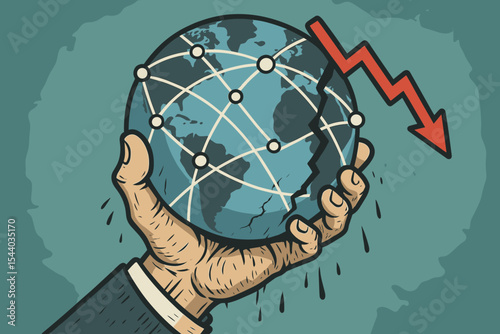 Global Economic Crisis Concept, Cracked World Network, Business Failure, Downward Arrow, Financial Collapse, Desperate Hand Holding Dripping Globe, Vector Cartoon Illustration