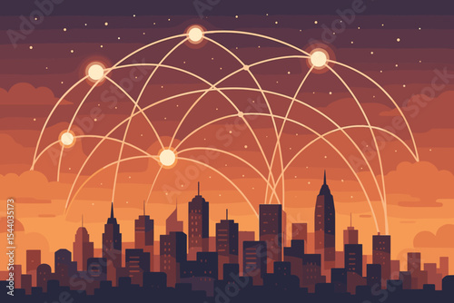 Global city skyline at sunset with glowing network connections, data transfer, wireless communication, smart city technology, futuristic digital infrastructure, interconnected urban landscape
