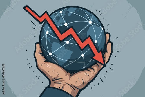 Global economic recession crisis, red downward graph arrow, world network in hand, business failure, stock market crash, investment loss, financial decline, vector cartoon illustration
