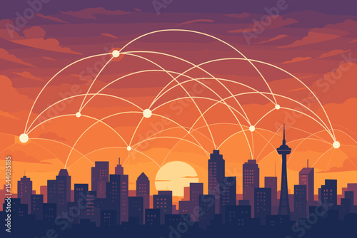 Connected Smart City Skyline at Sunset with Global Network Data Exchange, Wireless Communication Technology, Internet of Things, Digital Infrastructure, Futuristic Urban Landscape Vector Illustration