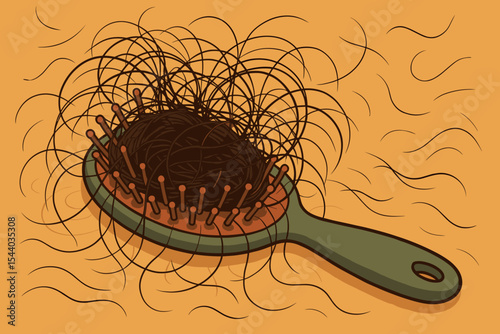 Hair loss problem concept. Hairbrush filled with fallen strands, shedding hair, hair thinning, alopecia, scalp health issue, vector cartoon isolated illustration, haircare and beauty symbol