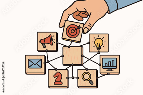 Hand Arranging Wooden Blocks with Digital Marketing Strategy Icons, Network Connections, Target, Email, Analytics, Idea, Advertising, Planning, and Communication Concept Vector Illustration