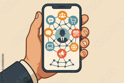 Hand holding smartphone with social network, business marketing and omni-channel e-commerce icons, digital communication, connection concept, flat vector illustration, mobile technology integration