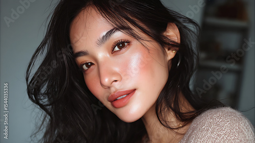 Beauty portrait of a woman with makeup and dark hair showcasing skincare and cosmetic products look