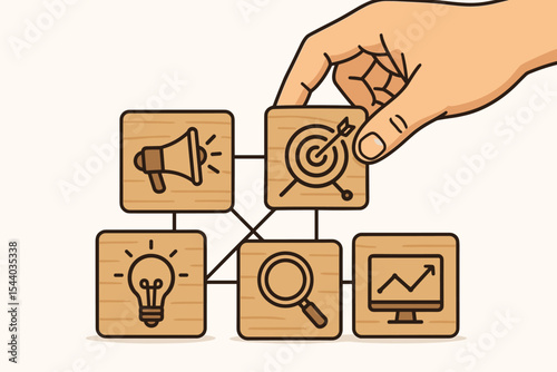 Hand arranging wooden blocks with digital marketing strategy icons. Network connection. Target, megaphone, idea, analysis, growth. Business planning concept. Vector cartoon illustration.