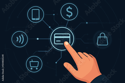 Hand Touching Credit Card Icon on Futuristic Digital Payment Network Interface. Online Payment, Mobile Banking, Contactless Transaction, Shopping Cart, Dollar Symbol. Financial Technology Concept