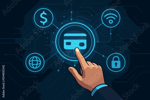 Digital hand interaction with payment credit card icon on futuristic dark interface, online finance transaction network, secure internet banking, wireless money transfer, cyber security concept