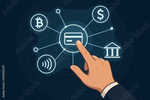 Business hand selecting digital payment method on futuristic dark interface. Banking, cryptocurrency, contactless, bank card, dollar symbol network. Financial technology vector illustration