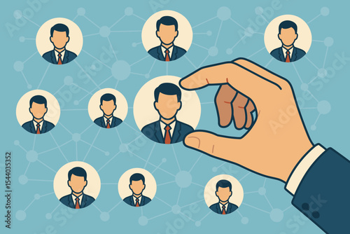 Human resources recruitment concept. Hand picking businessman avatar from digital network. Leadership selection, hiring manager, talent search, employment agency, teamwork. Vector illustration