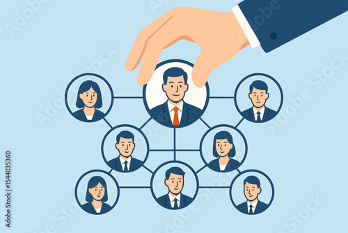 Hand Selecting Businessman Icon for Leadership, Recruitment, Human Resources Management, Team Building, Head Hunting, Employee Selection, Digital Network, Business Strategy, Vector Illustration