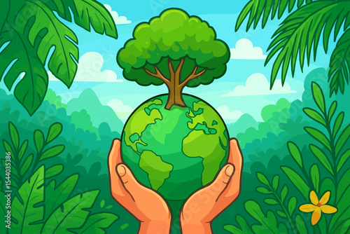 Environmental conservation hands holding earth globe with tree, lush tropical forest, ecology concept, save planet, nature protection, green sustainability, vector cartoon illustration