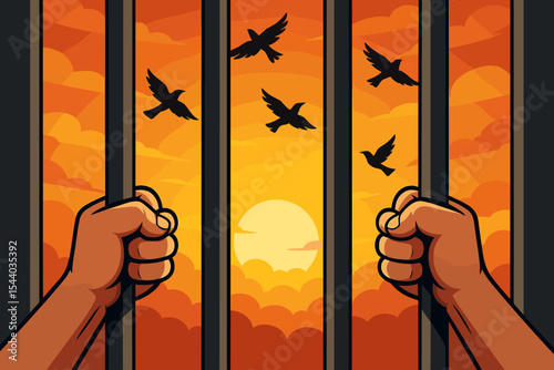 Prisoner hands gripping jail bars silhouette at sunset, freedom birds flying, contrast hope captivity, liberation metaphor, escape concept, cartoon vector illustration, dramatic orange sky