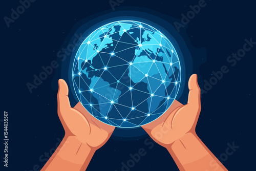Human hands holding glowing digital globe. Global network connection. Earth with interconnected nodes, technology, internet, data transfer, worldwide communication concept on dark blue background