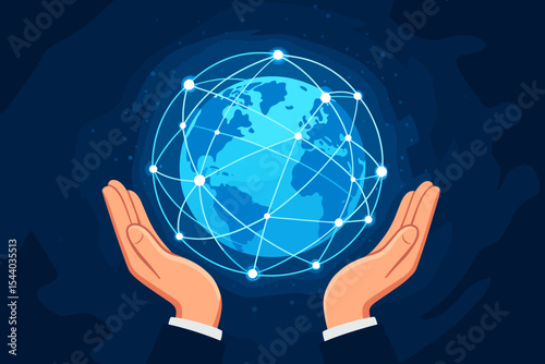 Global Network Connection Concept. Hands Holding Digital Earth with Connected Nodes. World Communication, Technology, Internet, Connectivity, International Business, Security. Vector Illustration
