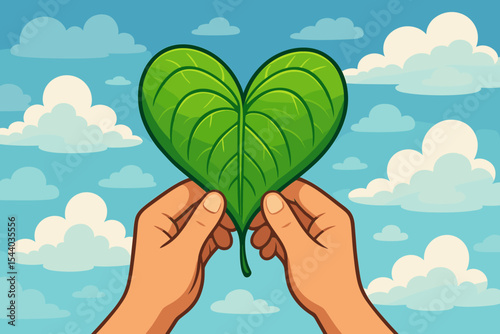 Hands Holding Heart Shaped Green Leaf Against Blue Sky with Clouds, Eco Friendly Nature Love Concept, Cartoon Vector Illustration, Environmental Care, Sustainability, Organic Lifestyle Design