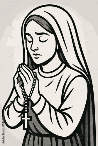 Virgin Mary praying with rosary beads. Black and white vector illustration of a holy woman in prayer. Catholic religious symbol of faith, devotion, spirituality, and hope. Saint icon.