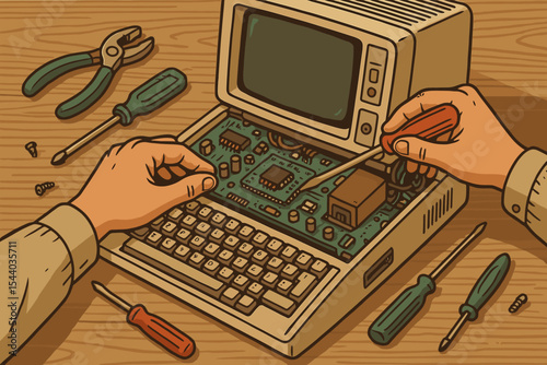 Retro computer repair, hands fixing vintage desktop motherboard with tools, circuit components, screwdriver, maintenance, electronics repair, technology service, vector cartoon illustration