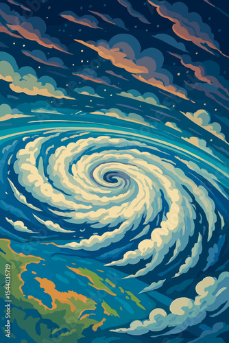Hurricane seen from space vector illustration. Cartoon style aerial view of massive cyclone over planet Earth's atmosphere. Weather storm, natural disaster, and climate change concept.