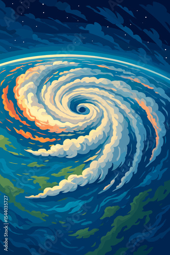 Massive hurricane from space. Aerial view of a powerful tropical cyclone storm over planet Earth. Vector illustration of a weather vortex. Concept for meteorology or climate.