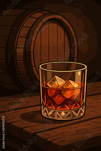 Aged whiskey or bourbon in a crystal glass with ice cubes on a rustic wooden table. Vintage oak barrel in the background of a cellar or distillery. Vector cartoon illustration.