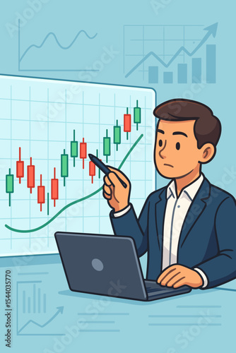 Financial analyst analyzing stock market data on a candlestick chart. Businessman pointing at investment graph. Trader, broker, forex, crypto concept. Finance and economy growth.