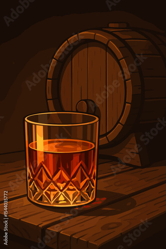 Aged whiskey in a crystal tumbler on a rustic wooden table with an oak barrel. Vector illustration of bourbon or scotch in a dimly lit bar, cellar, or speakeasy setting.
