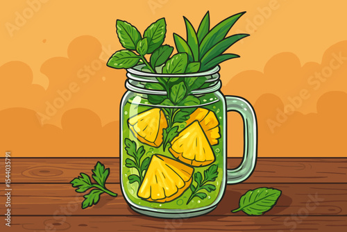 Refreshing Pineapple Detox Water with Fresh Mint and Herbs in Mason Jar on Wooden Table, Summer Healthy Drink, Tropical Fruit Beverage, Vector Cartoon Illustration, No Text Design
