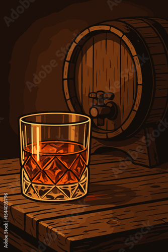 Vintage vector illustration of aged whiskey in a rocks glass on a rustic wood table. Old wooden barrel in a dark cellar or bar. Concept for bourbon, scotch, liquor, or distillery.