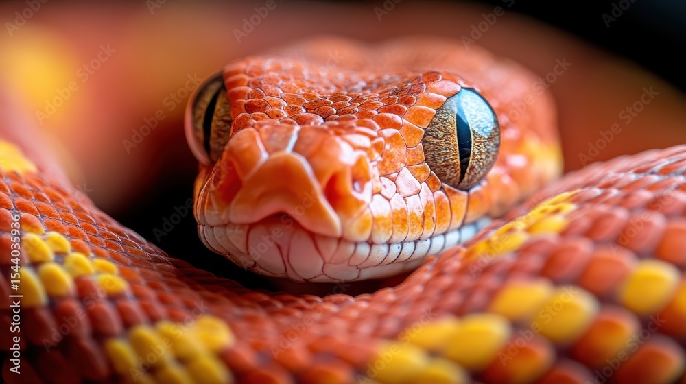 Fototapeta premium A detailed close-up of an orange snake, highlighting its colorful scales and striking eyes, symbolizing beauty and intrigue in the natural world.