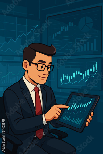 Businessman analyzing stock exchange data on tablet. Trader or analyst monitoring financial market trends and investments. Forex and crypto trading concept with charts. Vector illustration.