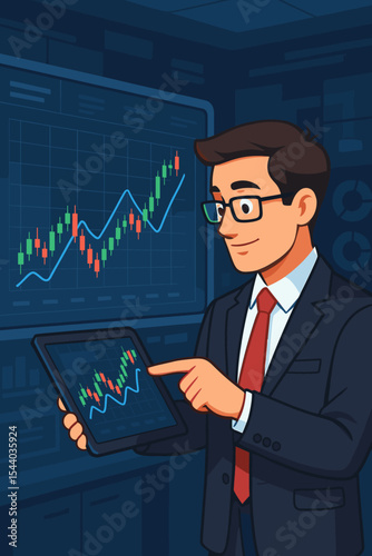 Businessman or trader analyzing stock market chart on a tablet. Financial analyst monitoring investment data and crypto trends on a digital screen. Forex trading success concept.