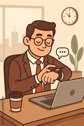 Businessman checking smartwatch message at office desk with laptop. Concept of work productivity, multitasking, time management, modern technology, communication and connectivity.