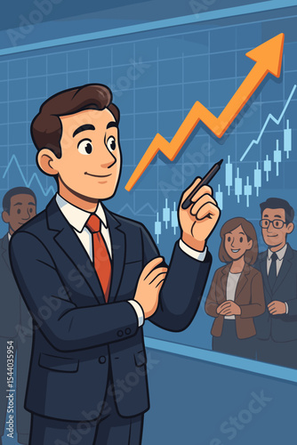 Businessman analyzing stock market data on a virtual screen. Financial expert presenting a growth chart with an upward arrow. Investment success and strategy concept. Vector cartoon.