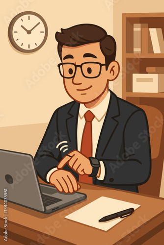 Businessman in office working on laptop checks smartwatch notification. Multitasking employee managing time and schedule. Concept of productivity, corporate life, deadline. Vector.