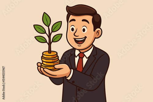 Cartoon businessman in suit holding growing money tree sprouting from gold coins, symbolizing investment, financial growth, wealth management, economic success, savings, and profit strategy