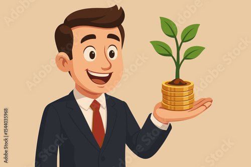 Businessman in Suit Holding Growing Plant on Stack of Gold Coins, Investment Growth, Financial Success, Wealth Management, Economic Prosperity, Eco-Friendly Business, Vector Illustration