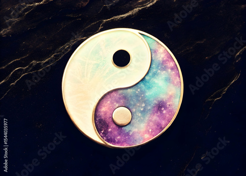 Abstract yin yang symbol in galaxy colors on dark rough stone