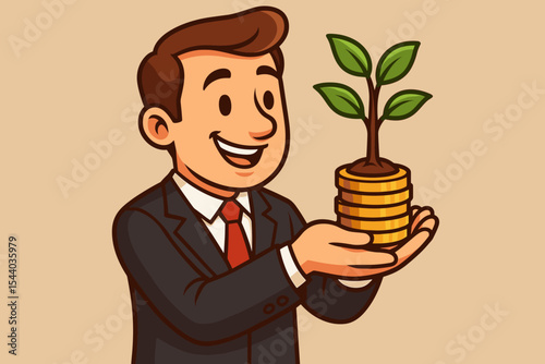 Businessman in Suit Holding Growing Tree with Green Leaves on Stack of Gold Coins. Investment Growth, Financial Success, Wealth Management, Economic Development, Profitable Venture Concept Vector