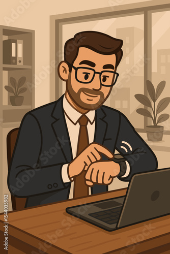 Businessman working in an office with a laptop checks his smartwatch. Manager managing schedule, checking notifications. Multitasking, productivity, deadline concept. Cartoon vector illustration.