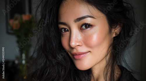Asian woman beauty portrait with glowing skin and dark hair perfect for makeup and skincare ads use case