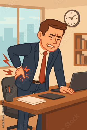 Businessman with back pain at office desk. Man suffering from severe backache, touching lower spine. Office syndrome concept. Health problem from sedentary work. Vector illustration.